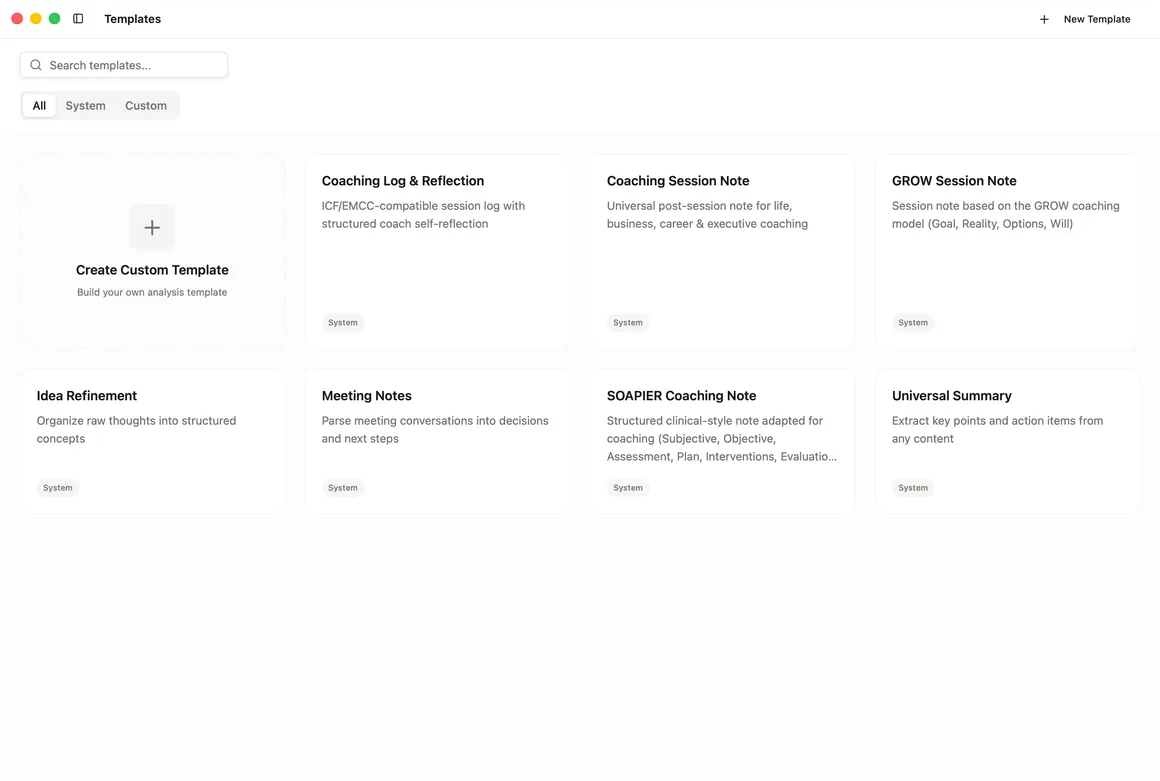 The template library, with the built-in templates beside custom ones